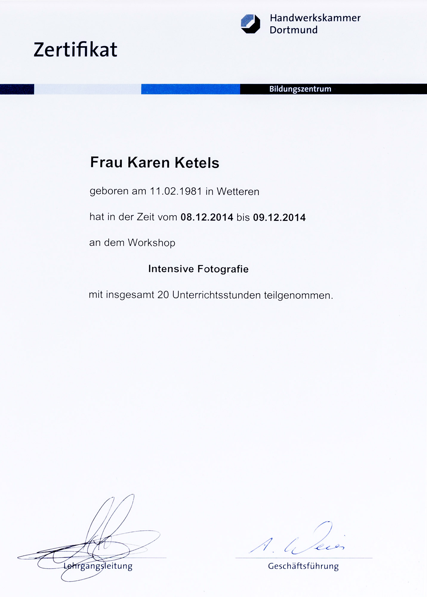 Karen Ketels zertifikat masterclass Andy Hens, Handwerkskammer Dortmund 2014