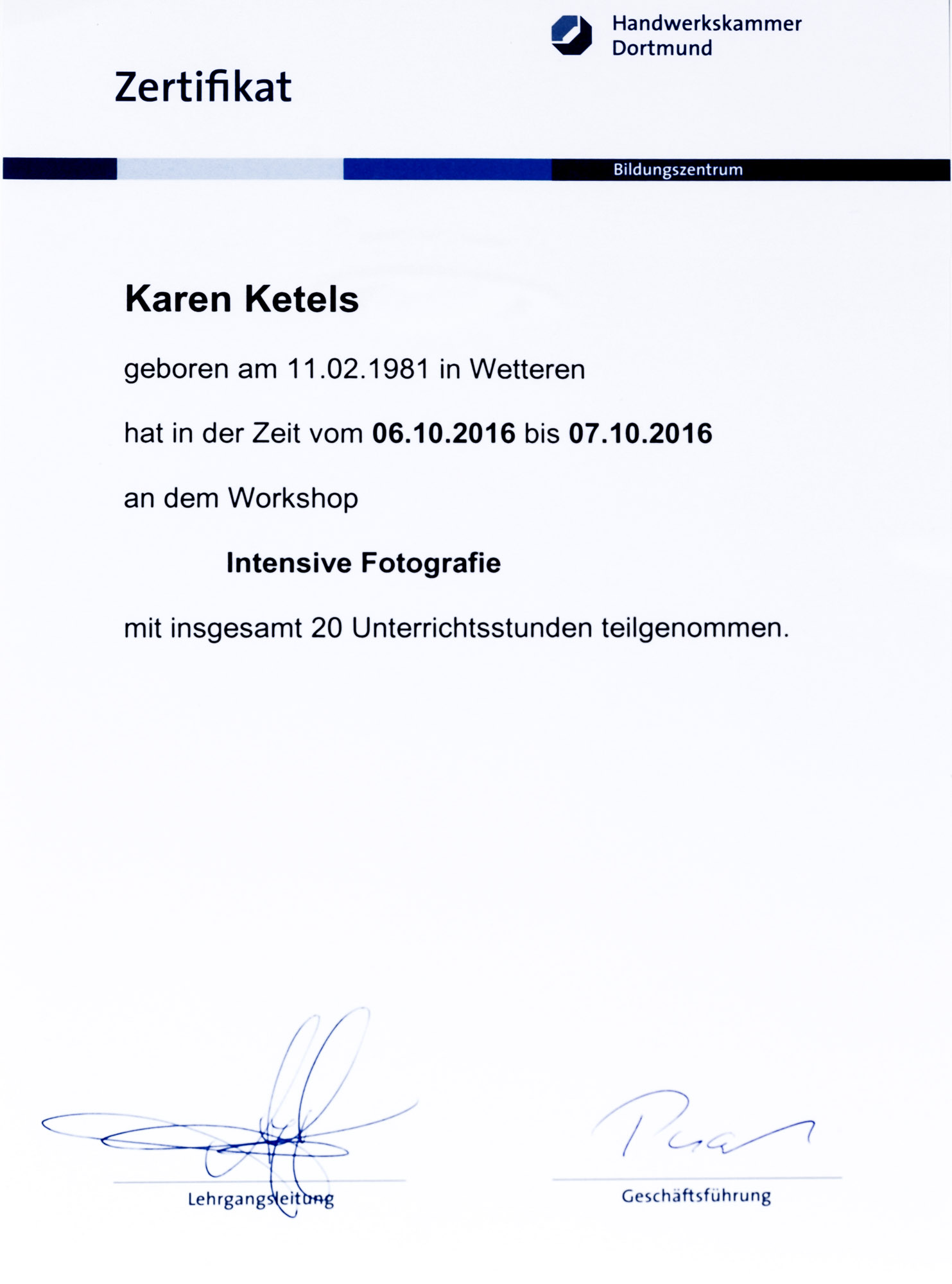 Karen Ketels zertifikat masterclass Andy Hens, Handwerkskammer Dortmund 2016